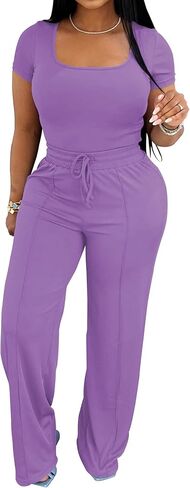 PINSV Women's 2 Piece Outfits Lounge Short Sleeve Tops High Waisted Wide Leg Pants Tracksuit Sets in Saudi Arabia