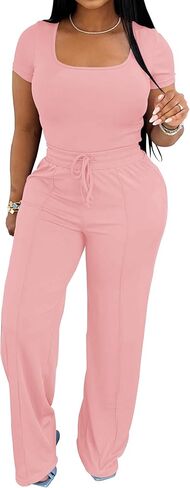 PINSV Women's 2 Piece Outfits Lounge Short Sleeve Tops High Waisted Wide Leg Pants Tracksuit Sets in Saudi Arabia