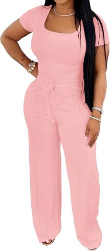 PINSV Women's 2 Piece Outfits Lounge Short Sleeve Tops High Waisted Wide Leg Pants Tracksuit Sets in Saudi Arabia