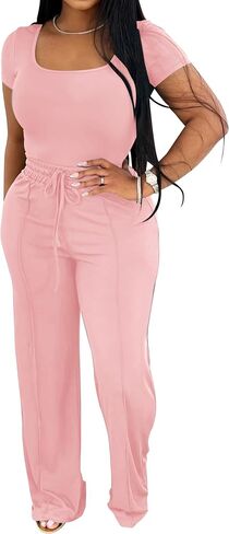 PINSV Women's 2 Piece Outfits Lounge Short Sleeve Tops High Waisted Wide Leg Pants Tracksuit Sets in Saudi Arabia