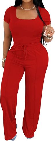 PINSV Women's 2 Piece Outfits Lounge Short Sleeve Tops High Waisted Wide Leg Pants Tracksuit Sets in Saudi Arabia