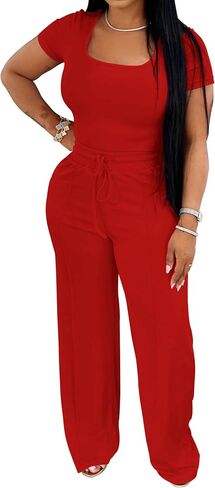 PINSV Women's 2 Piece Outfits Lounge Short Sleeve Tops High Waisted Wide Leg Pants Tracksuit Sets in Saudi Arabia