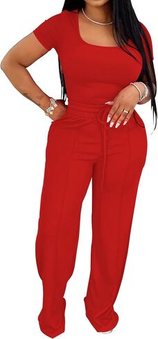 PINSV Women's 2 Piece Outfits Lounge Short Sleeve Tops High Waisted Wide Leg Pants Tracksuit Sets in Saudi Arabia