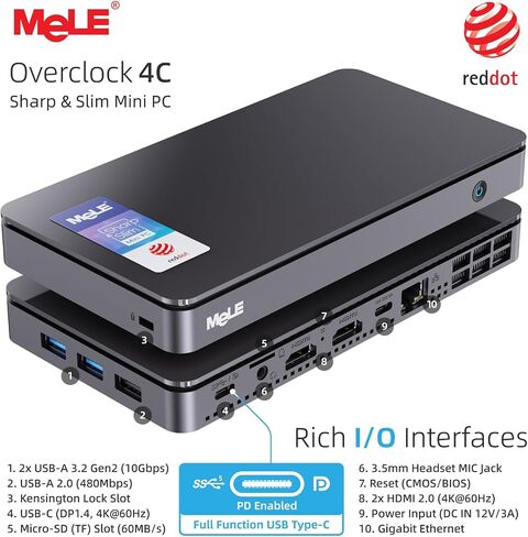 MELE REDDOT الفائز MINI PC Overclock3c N5095 (حتى 2.9 جيجا هرتز) ذاكرة الوصول العشوائي 16 جيجا بايت ، تخزين 512 جيجابايت ، كمبيوتر سطح المكتب المصغر ، شاشة ثلاثية الشاشة ، وظيفة كاملة USB-C في Office Education Home in Kuwait