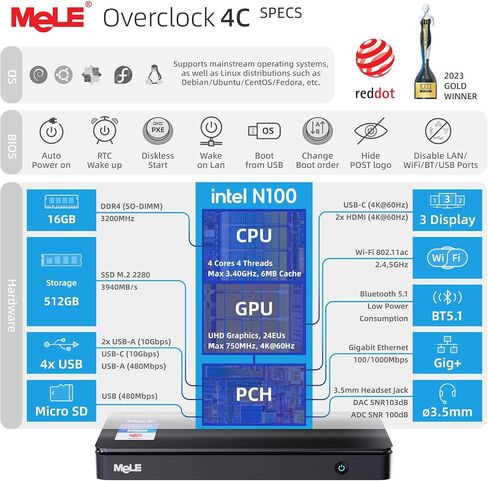 MELE REDDOT الفائز MINI PC Overclock3c N5095 (حتى 2.9 جيجا هرتز) ذاكرة الوصول العشوائي 16 جيجا بايت ، تخزين 512 جيجابايت ، كمبيوتر سطح المكتب المصغر ، شاشة ثلاثية الشاشة ، وظيفة كاملة USB-C في Office Education Home in Kuwait