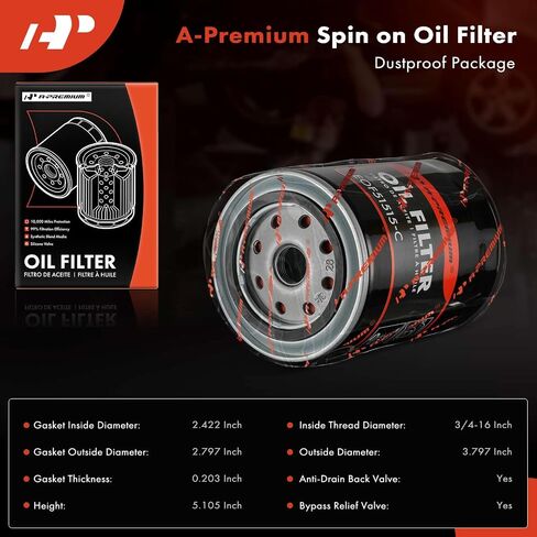 A-Premium 10K Miles Protection على مرشح الزيت متوافق مع Ford & Toyota & Nissan & Jeep & Dodge & Lexus & Mazda & Chrysler & Lincoln & Plymouth & Mercury & Alfa Romeo & American Motors in Saudi Arabia