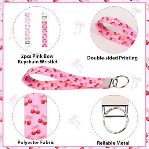 Funmemoir Pink Bow Keychain Wristlets Cherry Bow Wristlet Lanyards Strap Holders for Keys Wristlet Strap for Women in Saudi Arabia