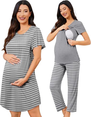 Swomog 3pcs تمريض الأمومة ثوب نوم و Pajamas مجموعة قصيرة الأكمام PJs لمجموعات صالة الحمل في المستشفى الرضاعة الطبيعية in Saudi Arabia