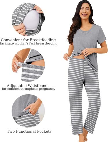 Swomog 3pcs تمريض الأمومة ثوب نوم و Pajamas مجموعة قصيرة الأكمام PJs لمجموعات صالة الحمل في المستشفى الرضاعة الطبيعية in Saudi Arabia
