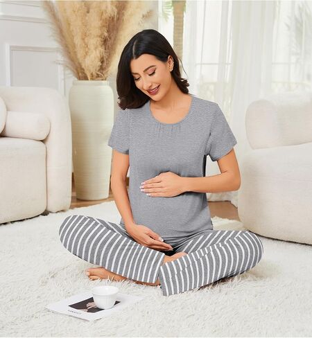 Swomog 3pcs تمريض الأمومة ثوب نوم و Pajamas مجموعة قصيرة الأكمام PJs لمجموعات صالة الحمل في المستشفى الرضاعة الطبيعية in Saudi Arabia