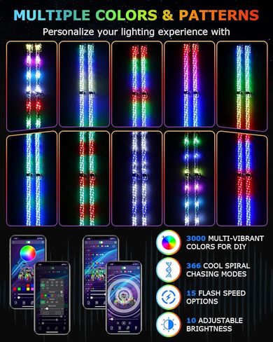 Autoommo 4ft RGB LED LED LIGHT (2 Pack) - 3x Ultra Wright W/Turn & Brake Sync ، Music Sync ، App/Remote ، 366 Modes - IP68 HOTERNA HOYNENA CHIPS W/6 Flags لـ UTV ATV SX RZR Can -Am in Kuwait