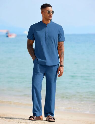 COOFANDY MENS 2 قطعة من الكتان القطني مجموعات قصيرة الأكمام غير الرسمية Henley Shirt Summer Beach Pants Lounge Outfits in Kuwait