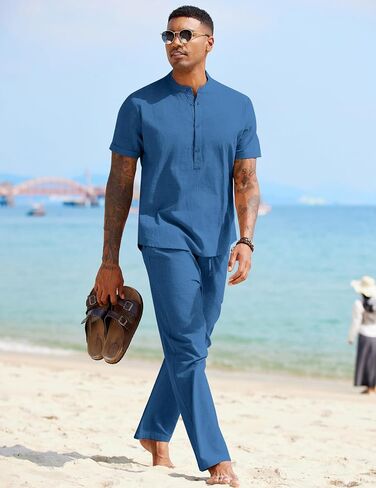 COOFANDY MENS 2 قطعة من الكتان القطني مجموعات قصيرة الأكمام غير الرسمية Henley Shirt Summer Beach Pants Lounge Outfits in Kuwait