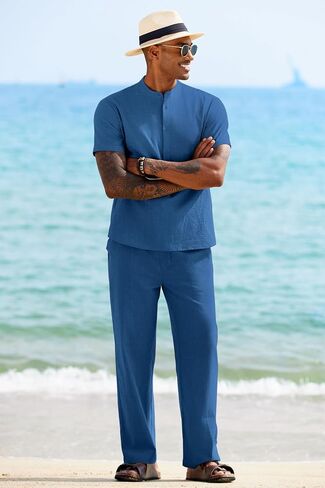 COOFANDY MENS 2 قطعة من الكتان القطني مجموعات قصيرة الأكمام غير الرسمية Henley Shirt Summer Beach Pants Lounge Outfits in Kuwait