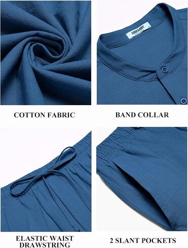 COOFANDY MENS 2 قطعة من الكتان القطني مجموعات قصيرة الأكمام غير الرسمية Henley Shirt Summer Beach Pants Lounge Outfits in Kuwait