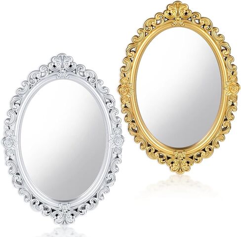 2PCS Vintage Decorative Wall Mirror Small Oval Wall Hanging Mirrors Antique Gold Carved Framed Mirror for Entryways Bedroom Living Room Dresser Decor in Saudi Arabia