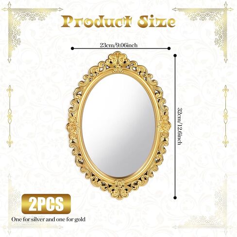 2PCS Vintage Decorative Wall Mirror Small Oval Wall Hanging Mirrors Antique Gold Carved Framed Mirror for Entryways Bedroom Living Room Dresser Decor in Saudi Arabia