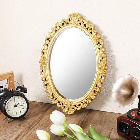 2PCS Vintage Decorative Wall Mirror Small Oval Wall Hanging Mirrors Antique Gold Carved Framed Mirror for Entryways Bedroom Living Room Dresser Decor in Saudi Arabia