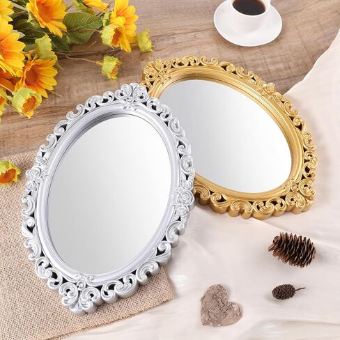 2PCS Vintage Decorative Wall Mirror Small Oval Wall Hanging Mirrors Antique Gold Carved Framed Mirror for Entryways Bedroom Living Room Dresser Decor in Saudi Arabia
