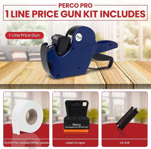 Perco Pro 1 Line Price Gun مع طقم الملصقات ، ويشمل مسدس تسعير خط واحد ، و 10،000 ملصق أبيض ، مع inker محمّل مسبقًا in Kuwait