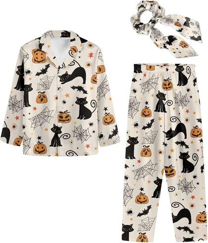 Button Up Pj Set Matching Pajamas Long Sleeve Sleepwear Soft Outfits 3 Pieces Cute Pjs Pajama with Bow Hair Band in Saudi Arabia