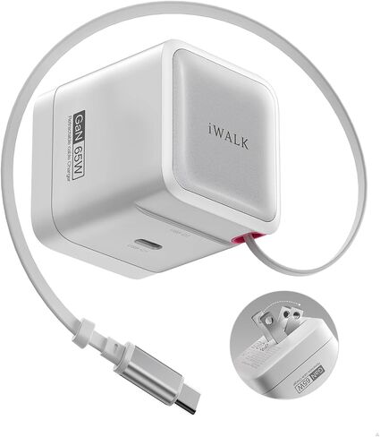 iWALK 65W GaN Charger with Built-in Retractable USB-C Cable, 2 Devices Mini Travel Fast Charging Foldable Wall Charger for MacBook Pro, iPad Pro, Airpods, iPhone 16/15 Pro Max, Galaxy S25/S24 And More in Saudi Arabia