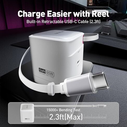 iWALK 65W GaN Charger with Built-in Retractable USB-C Cable, 2 Devices Mini Travel Fast Charging Foldable Wall Charger for MacBook Pro, iPad Pro, Airpods, iPhone 16/15 Pro Max, Galaxy S25/S24 And More in Saudi Arabia
