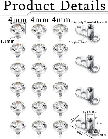 Dermal Anchor Tops and Base 14G Cubic Zirconia Surgical Steel Microdermals Body Piercings Jewelry Punk Micro Internally Threaded Dermal Stud Piercing for Women Men 2.5mm 3mm 4mm in Saudi Arabia