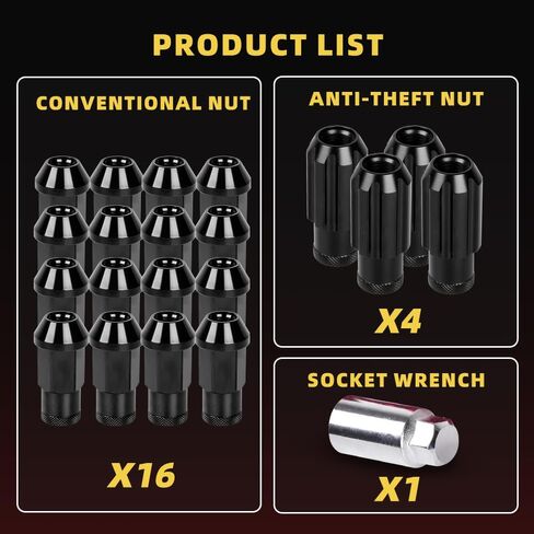 muge racing M12x1.25 Lug Nut 20 PCS, Wheel Lock Bulge Acorn Open End Lug Nut Set Compatible with Toyota, Honda, Ford, Mitsubishi, Mazda, KIA, Hyundai, 1 Socket Included, Black in Kuwait