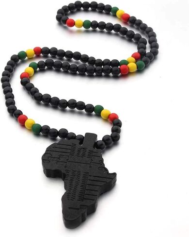 Hip-Hop Natural Wood African Map Pendant 8MM Wooden Bead Chain Rosary Necklaces for Men Women-Brown African Map in Saudi Arabia
