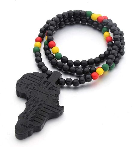 Hip-Hop Natural Wood African Map Pendant 8MM Wooden Bead Chain Rosary Necklaces for Men Women-Brown African Map in Saudi Arabia