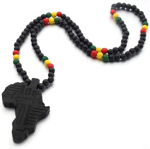 Hip-Hop Natural Wood African Map Pendant 8MM Wooden Bead Chain Rosary Necklaces for Men Women-Brown African Map in Saudi Arabia