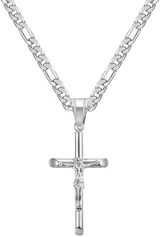 Crucifix Cross Necklace For Men Women Stainless Steel Silver 18k Gold Plated 3mm 20inch Figaro Chain Trendy Jesus Cross Pendant Necklace Baptism Christian Easter Prayer Jewelry Gift in Saudi Arabia