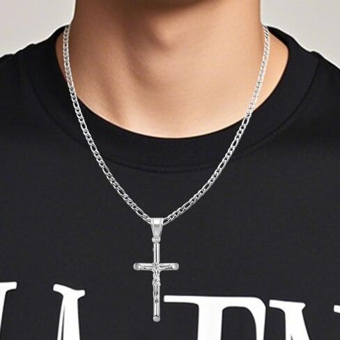 Crucifix Cross Necklace For Men Women Stainless Steel Silver 18k Gold Plated 3mm 20inch Figaro Chain Trendy Jesus Cross Pendant Necklace Baptism Christian Easter Prayer Jewelry Gift in Saudi Arabia