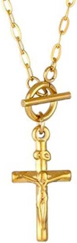 Crucifix Cross Necklace For Men Women Stainless Steel Silver 18k Gold Plated 3mm 20inch Figaro Chain Trendy Jesus Cross Pendant Necklace Baptism Christian Easter Prayer Jewelry Gift in Saudi Arabia