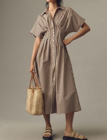 نساء مخطط لأسفل فساتين ماكسي مطوية بنية in Kuwait