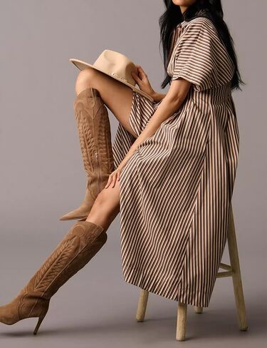 نساء مخطط لأسفل فساتين ماكسي مطوية بنية in Kuwait