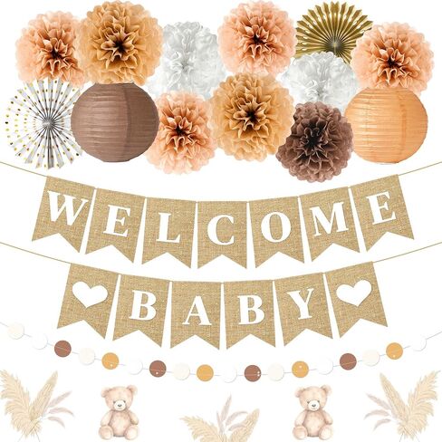 Woodland Baby Shower Decorations 15 Pcs Baby Shower Decorations with Welcome Baby Banners Paper Lantern Paper Flower Pom Poms Perfect for Indoor & Outdoor Celebrations in Kuwait