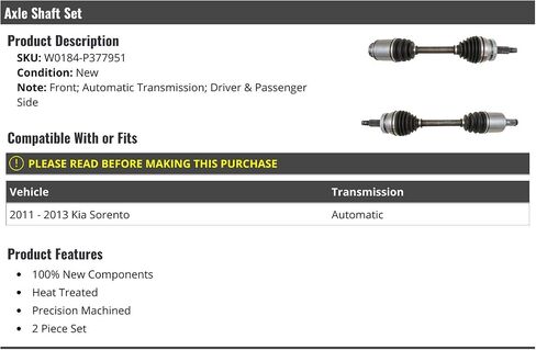 مجموعة عمود محور CV الأمامي من 2 - متوافقة مع 2011-2013 Kia Sorento مع ناقل حركة أوتوماتيكي in Saudi Arabia
