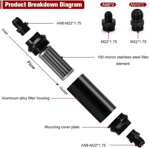 Universal 44MM Inline Fuel Filter with 2 pcs 6AN 8AN 10AN Adapter Fittings,100micron Steel Element For Fuel Petrol Gasoline Ethanol Alcohol in Saudi Arabia