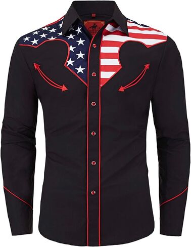 Men's Embroidered Exquisite American Flag Western Cowboy Shirt Long Sleeve Regular Fit Snap Button Down Shirts in Saudi Arabia