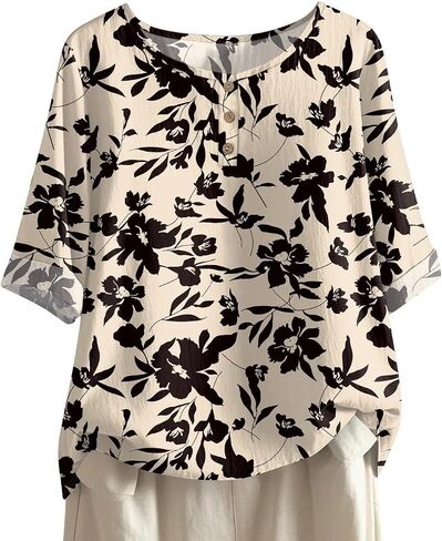Linen Shirts for Women 3/4 Sleeve Button Down Henley V Neck Summer Tops Dressy Casual Cute Shirts Half Sleeve Blouses in Saudi Arabia