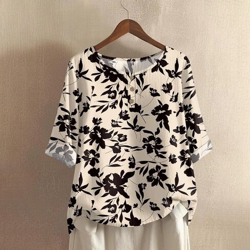 Linen Shirts for Women 3/4 Sleeve Button Down Henley V Neck Summer Tops Dressy Casual Cute Shirts Half Sleeve Blouses in Saudi Arabia