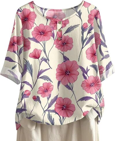Linen Shirts for Women 3/4 Sleeve Button Down Henley V Neck Summer Tops Dressy Casual Cute Shirts Half Sleeve Blouses in Saudi Arabia