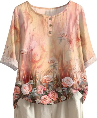 Linen Shirts for Women 3/4 Sleeve Button Down Henley V Neck Summer Tops Dressy Casual Cute Shirts Half Sleeve Blouses in Saudi Arabia