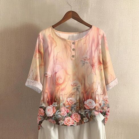 Linen Shirts for Women 3/4 Sleeve Button Down Henley V Neck Summer Tops Dressy Casual Cute Shirts Half Sleeve Blouses in Saudi Arabia
