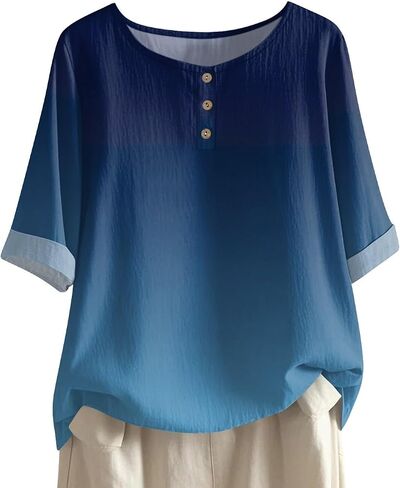 Linen Shirts for Women 3/4 Sleeve Button Down Henley V Neck Summer Tops Dressy Casual Cute Shirts Half Sleeve Blouses in Saudi Arabia