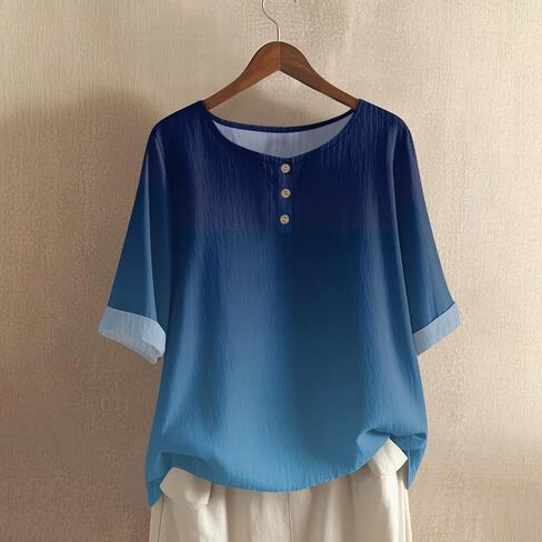 Linen Shirts for Women 3/4 Sleeve Button Down Henley V Neck Summer Tops Dressy Casual Cute Shirts Half Sleeve Blouses in Saudi Arabia