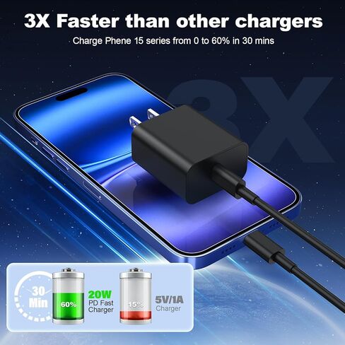 Compatible with iPhone 15 16 Charger Fast Charging,20W USB C Fast Charger Block with 10ft 60W USB C Cable Compatible with iPhone 16/16 Pro/16 Pro max/16 Plus/ 15/15 pro/15 pro max/15 Plus,Black/Red in Kuwait