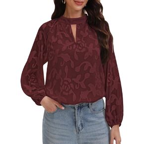 Aimcoo Womens Boho مطرزة على الأكمام الطويلة بلوزة أنيقة الأعمال غير الرسمية قمم مفتاح القمصان الزهرية 2025 الموضة in Kuwait